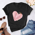 Heart flower print ladies T-shirt ladies O-collar white shirt short sleeve ladies T-shirt