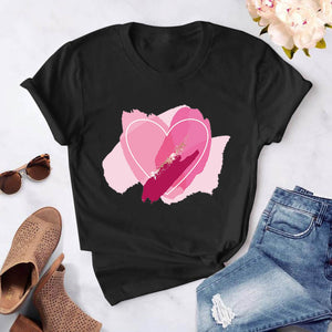 Heart flower print ladies T-shirt ladies O-collar white shirt short sleeve ladies T-shirt