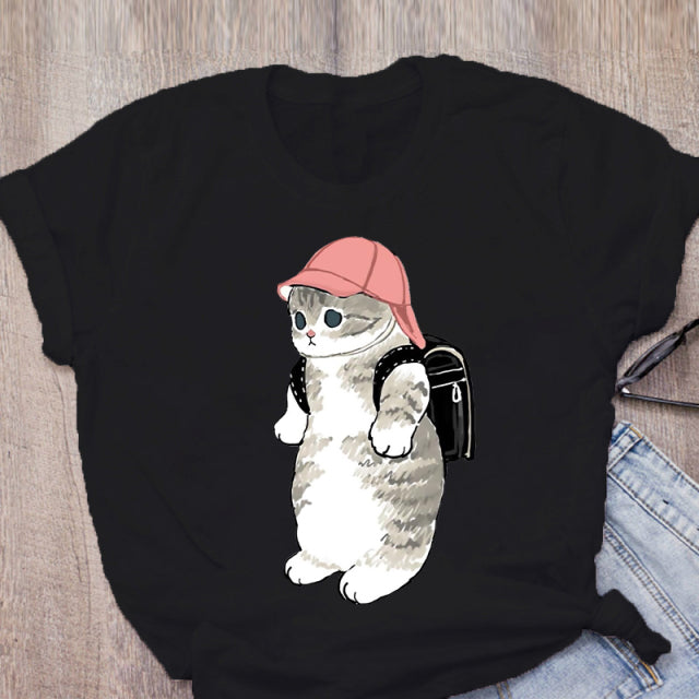 Women T-shirt Cute Cat Funny Cartoon T-shirt Graphic T-shirt Aesthetic Top Tee Female