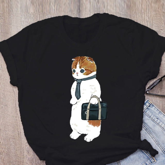 Women T-shirt Cute Cat Funny Cartoon T-shirt Graphic T-shirt Aesthetic Top Tee Female