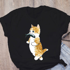 Women T-shirt Cute Cat Funny Cartoon T-shirt Graphic T-shirt Aesthetic Top Tee Female