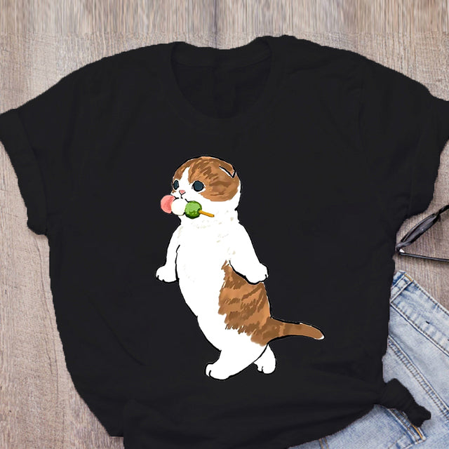 Women T-shirt Cute Cat Funny Cartoon T-shirt Graphic T-shirt Aesthetic Top Tee Female