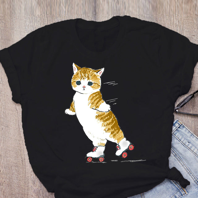 Women T-shirt Cute Cat Funny Cartoon T-shirt Graphic T-shirt Aesthetic Top Tee Female