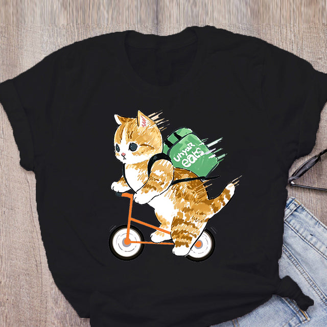 Women T-shirt Cute Cat Funny Cartoon T-shirt Graphic T-shirt Aesthetic Top Tee Female