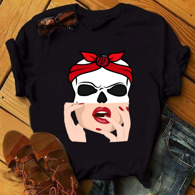 Women T-shirt  Skull Deer Turban T-shirt Clothes Short Sleeve Graphic T-shirt Tops