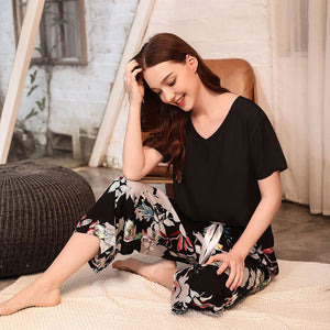 Floral Printed Pajama Sleepwear Female Casual V Neck Elastic Waist Nightwear Retro Women