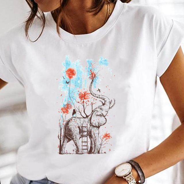 Women Print Clothes Watercolor Tops Tee Tshirt Fashion Print Cartoon O-neck Ladies T-Shirt