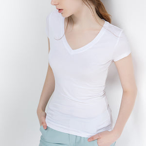 New Women Cotton T-shirt Summer Casual Elasticity Short-sleeve V-neck Slim Bottom T-shirt Girl