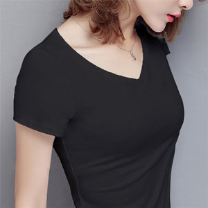 New Women Cotton T-shirt Summer Casual Elasticity Short-sleeve V-neck Slim Bottom T-shirt Girl