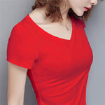 New Women Cotton T-shirt Summer Casual Elasticity Short-sleeve V-neck Slim Bottom T-shirt Girl