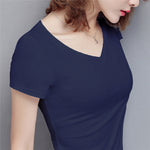 New Women Cotton T-shirt Summer Casual Elasticity Short-sleeve V-neck Slim Bottom T-shirt Girl