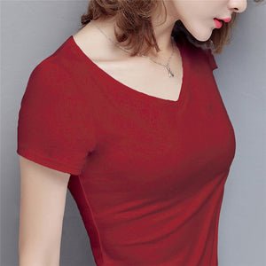 New Women Cotton T-shirt Summer Casual Elasticity Short-sleeve V-neck Slim Bottom T-shirt Girl