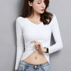 New Women Cotton T-shirt Summer Casual Elasticity Short-sleeve V-neck Slim Bottom T-shirt Girl