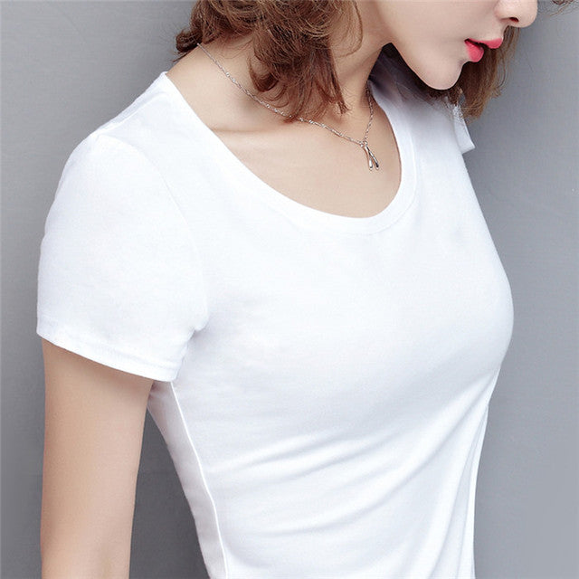 New Women Cotton T-shirt Summer Casual Elasticity Short-sleeve V-neck Slim Bottom T-shirt Girl