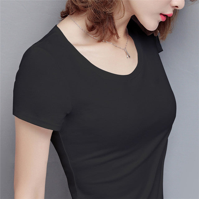 New Women Cotton T-shirt Summer Casual Elasticity Short-sleeve V-neck Slim Bottom T-shirt Girl