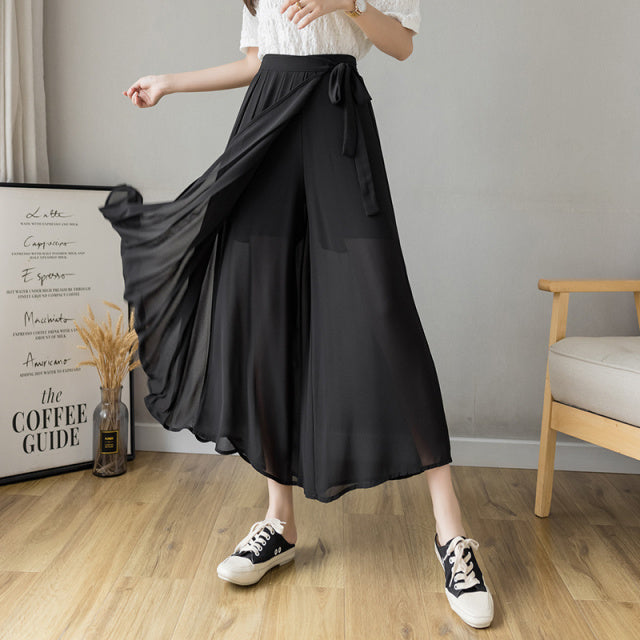 Summer New Style Korean Women Pleated Chiffon Trousers High Waist Pants Casual Wide Leg Pantalones