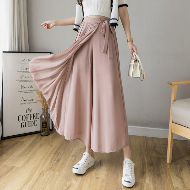 Summer New Style Korean Women Pleated Chiffon Trousers High Waist Pants Casual Wide Leg Pantalones