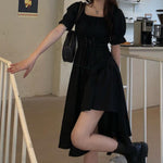 Women White Dress Autumn  Puff Sleeve Midi Dress Square Collar Bandage Sundress Goth Outfits