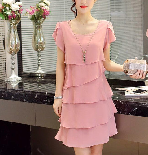 Chiffon Dress Women Summer Wave Cut Sweet Solid Short Sleeve Slim Casual Clothing Lady