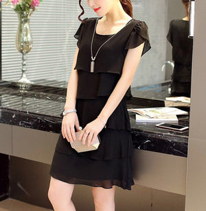 Chiffon Dress Women Summer Wave Cut Sweet Solid Short Sleeve Slim Casual Clothing Lady