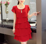 Chiffon Dress Women Summer Wave Cut Sweet Solid Short Sleeve Slim Casual Clothing Lady