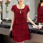 Chiffon Dress Women Summer Wave Cut Sweet Solid Short Sleeve Slim Casual Clothing Lady