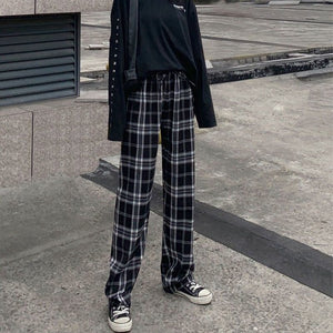 Plaid pants women summer high-waisted loose-fitting straight trousers drooping tug pants casual pants