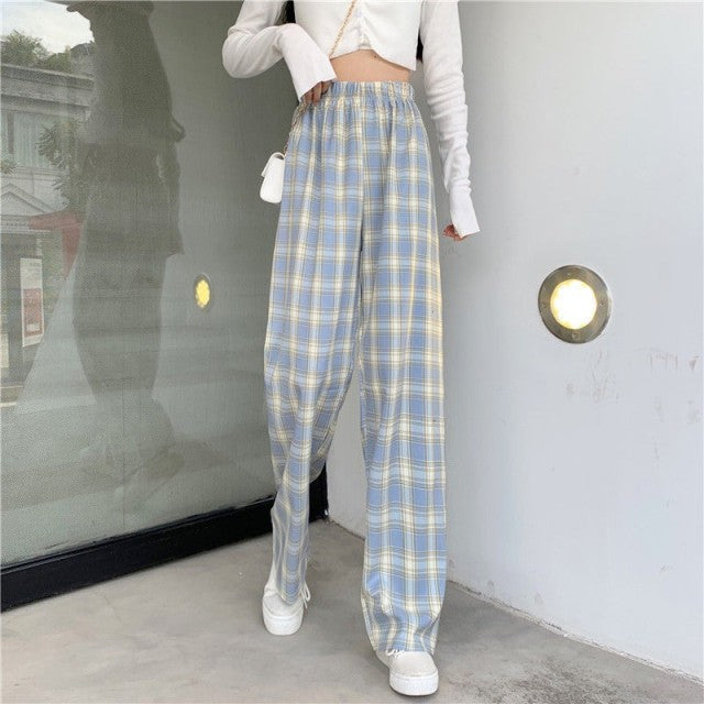 Plaid pants women summer high-waisted loose-fitting straight trousers drooping tug pants casual pants