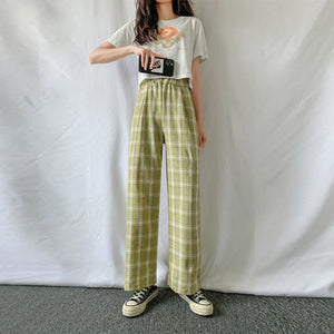 Plaid pants women summer high-waisted loose-fitting straight trousers drooping tug pants casual pants