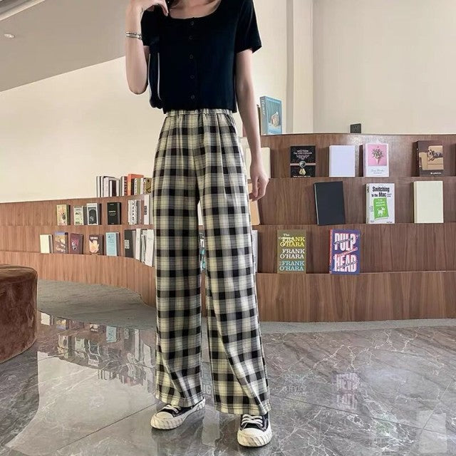 Plaid pants women summer high-waisted loose-fitting straight trousers drooping tug pants casual pants