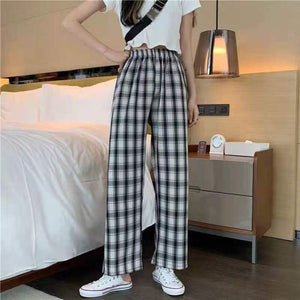 Plaid pants women summer high-waisted loose-fitting straight trousers drooping tug pants casual pants