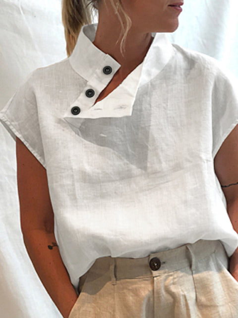 Women Short Sleeve Blusas Summer Cotton Linen Shirts Fashion Blouses Casual Tops