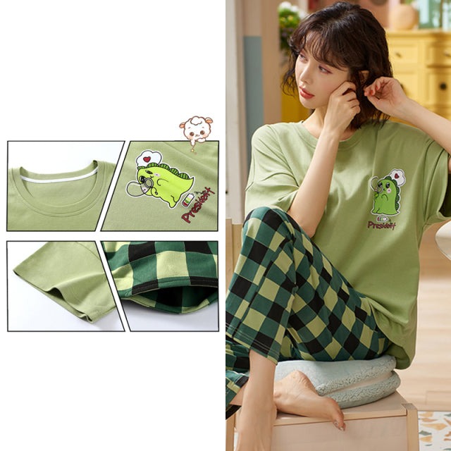 Sleepwear Cartoon Cotton Pajamas for Women Long Pants Short Sleeved Summer Homewear