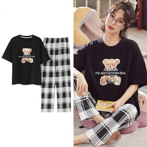 Sleepwear Cartoon Cotton Pajamas for Women Long Pants Short Sleeved Summer Homewear