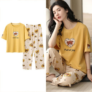 Sleepwear Cartoon Cotton Pajamas for Women Long Pants Short Sleeved Summer Homewear