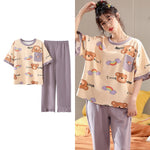 Sleepwear Cartoon Cotton Pajamas for Women Long Pants Short Sleeved Summer Homewear