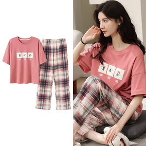 Sleepwear Cartoon Cotton Pajamas for Women Long Pants Short Sleeved Summer Homewear