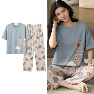 Sleepwear Cartoon Cotton Pajamas for Women Long Pants Short Sleeved Summer Homewear