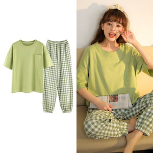 Sleepwear Cartoon Cotton Pajamas for Women Long Pants Short Sleeved Summer Homewear