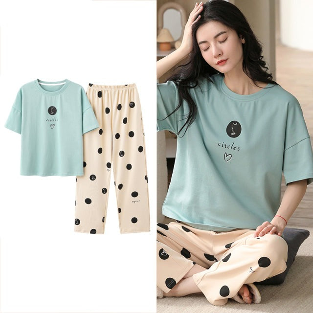 Sleepwear Cartoon Cotton Pajamas for Women Long Pants Short Sleeved Summer Homewear