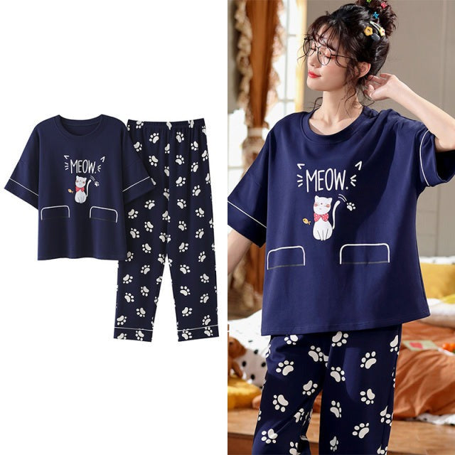 Sleepwear Cartoon Cotton Pajamas for Women Long Pants Short Sleeved Summer Homewear