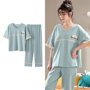 Sleepwear Cartoon Cotton Pajamas for Women Long Pants Short Sleeved Summer Homewear