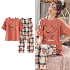 Sleepwear Cartoon Cotton Pajamas for Women Long Pants Short Sleeved Summer Homewear