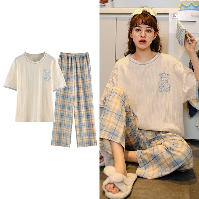 Sleepwear Cartoon Cotton Pajamas for Women Long Pants Short Sleeved Summer Homewear