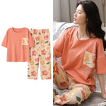 Sleepwear Cartoon Cotton Pajamas for Women Long Pants Short Sleeved Summer Homewear