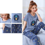 Sleepwear Cartoon Cotton Pajamas for Women Long Pants Short Sleeved Summer Homewear