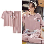 Sleepwear Cartoon Cotton Pajamas for Women Long Pants Short Sleeved Summer Homewear