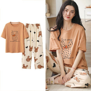 Sleepwear Cartoon Cotton Pajamas for Women Long Pants Short Sleeved Summer Homewear