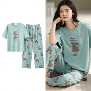 Sleepwear Cartoon Cotton Pajamas for Women Long Pants Short Sleeved Summer Homewear