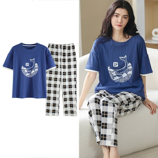 Sleepwear Cartoon Cotton Pajamas for Women Long Pants Short Sleeved Summer Homewear